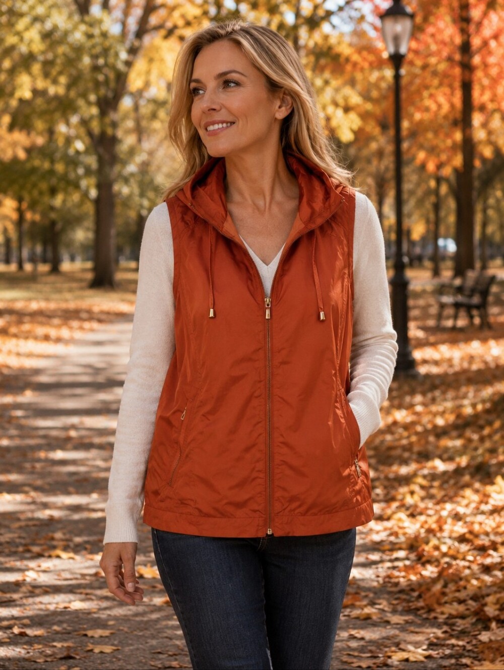 Zenergy by Chicos Womens Orange Hooded Sleeveless Vest Zip Pockets Size 2